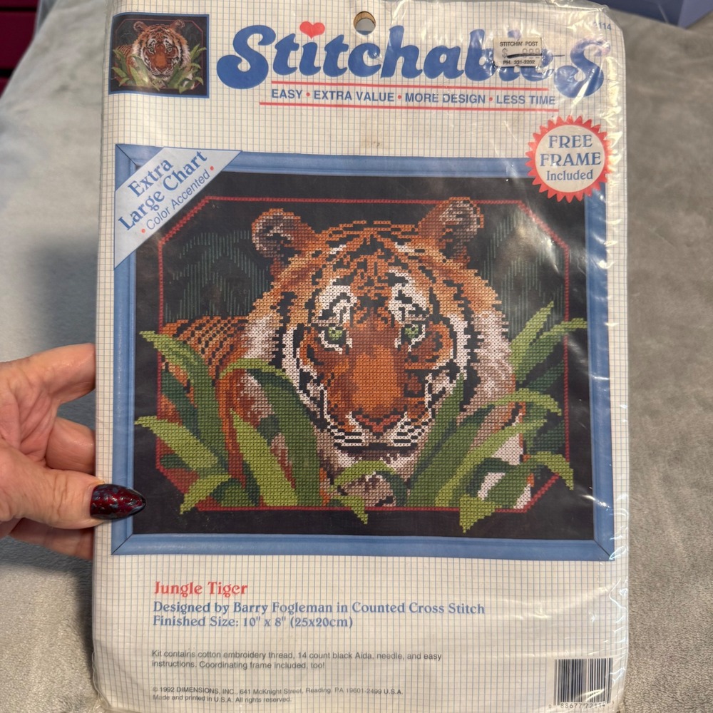 Vintage Dimensions Jungle Tiger Cross Stitch Kit w/ Frame 1992 Sealed‎